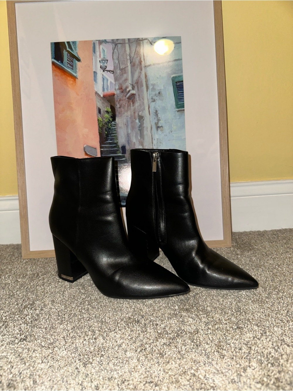 Calvin Klein Black Pointed Toe Leather Ankle Booties with Side Zip
